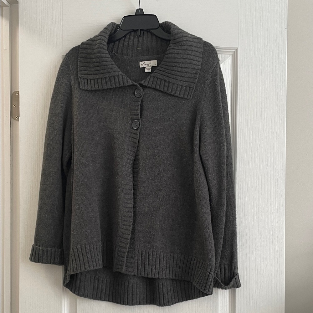 Kim Rogers Charcoal Button-Front Ribbed Collar Cardigan